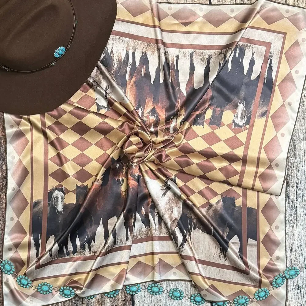 Horses Print Silky Polyester Wild Rag | 36x36 | Brown